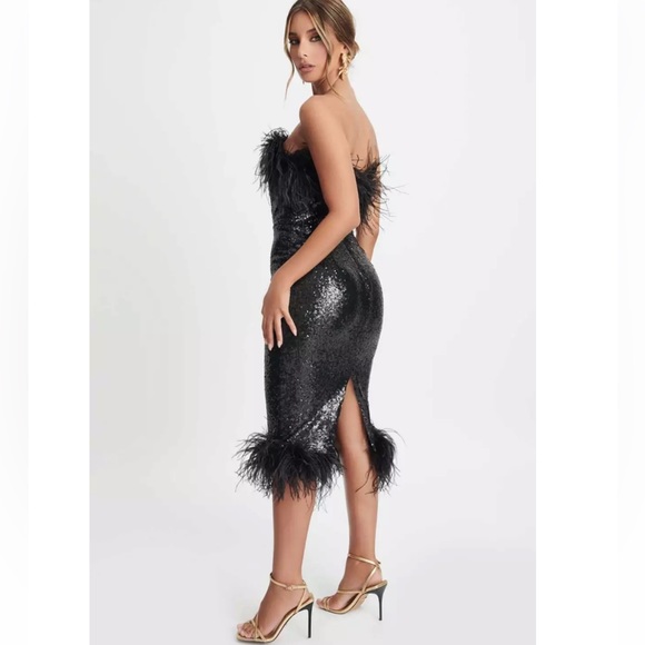 GORGEOUS NEW SEASON Lavish Alice Bandeau Dress with Feather Trim in Black Sequin - Picture 8 of 11